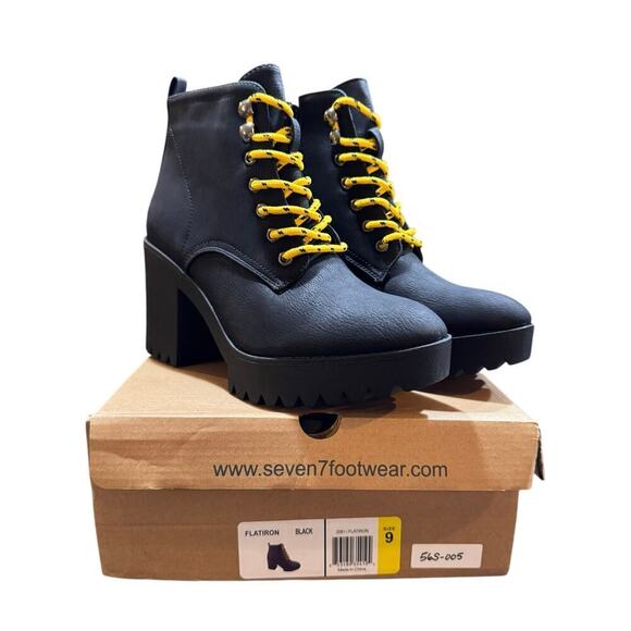 NWB - Seven7 Flatiron Platform Combat Boots Black w/ Yellow Laces, Women's 9 - Picture 7 of 11